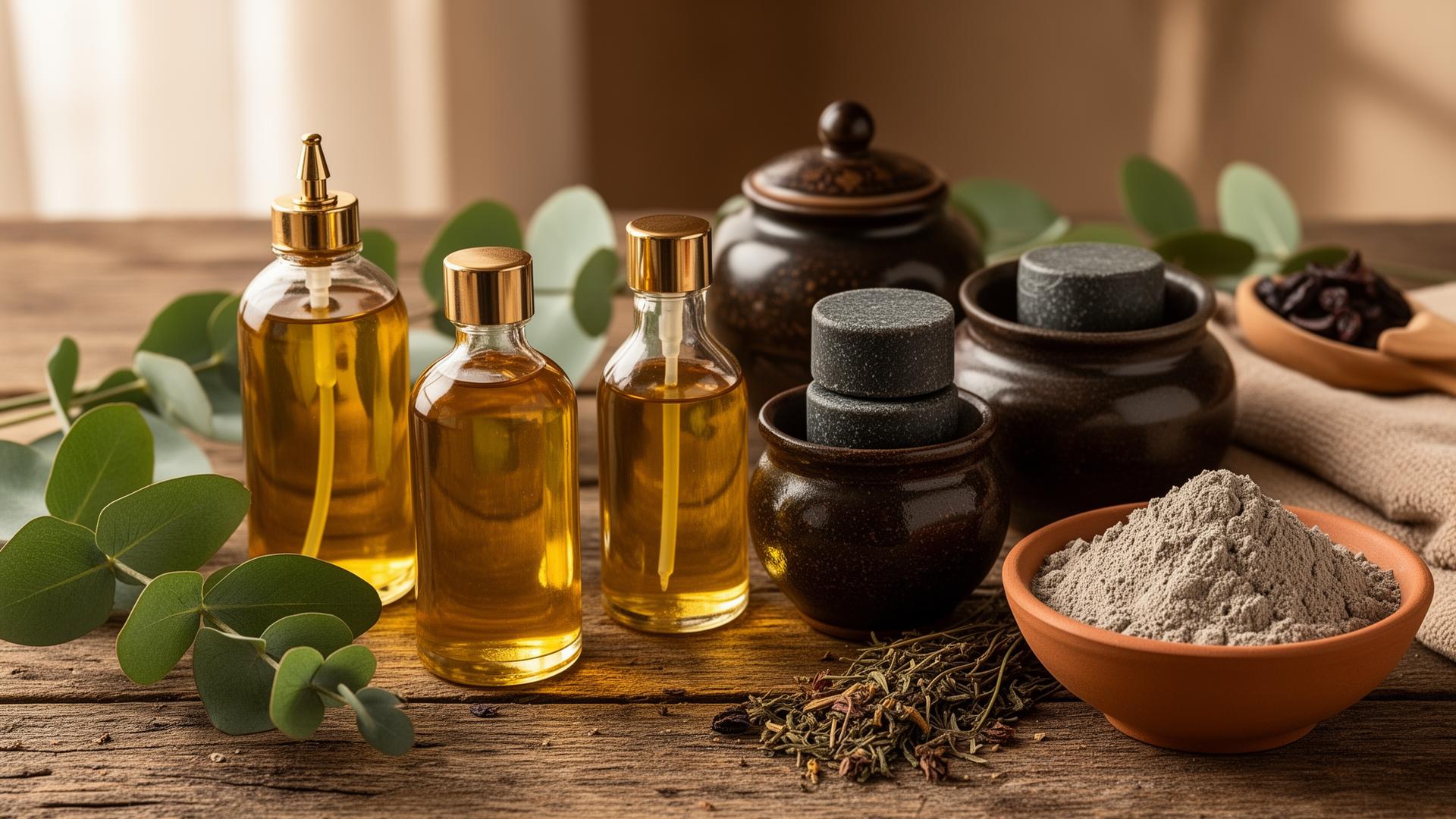 Moroccan beauty products including argan oil, black soap, and rhassoul clay arranged on a wooden table